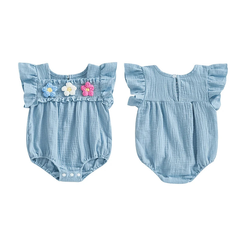 Newborn Baby Girls Flower Embroidery Romper - Smocked Flying Sleeve Jumpsuit (0-12M)