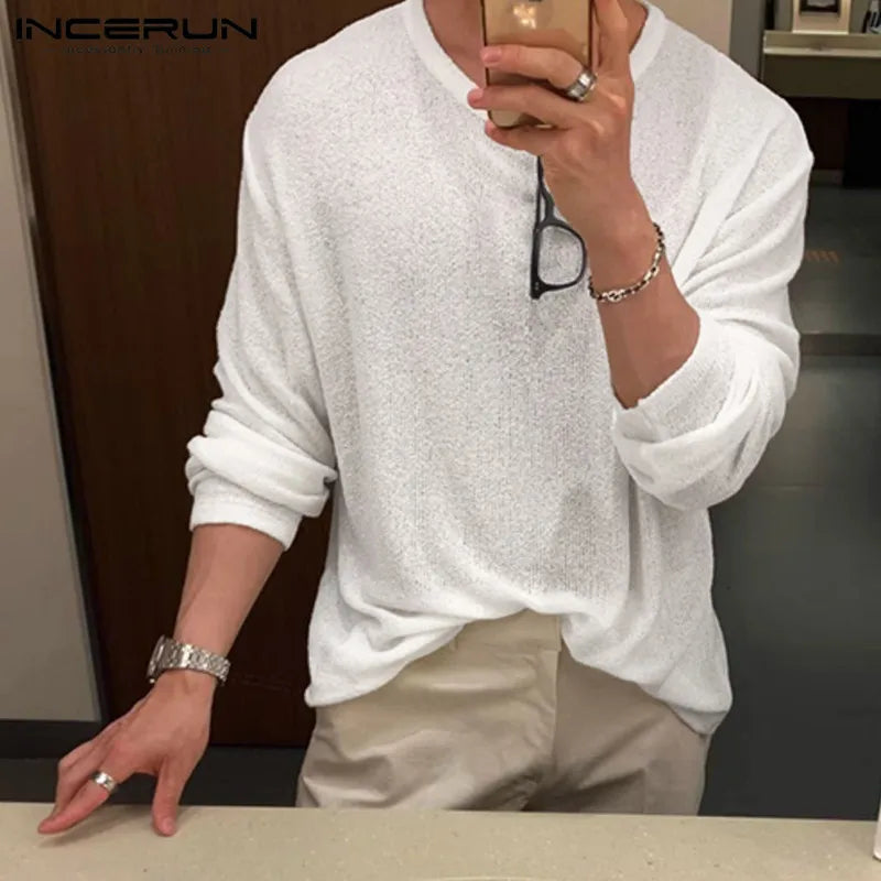 Men Solid Colour Round-neck Long Sleeve Loose T-Shirt