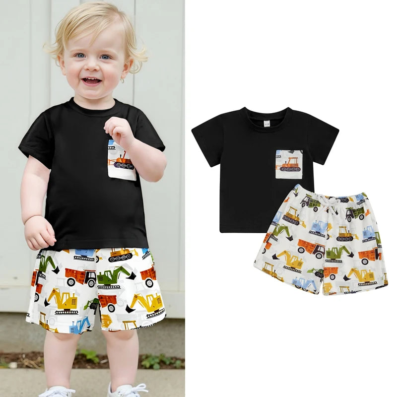0-4Y Kids Boys Clothes Set Short Sleeve Excavators Print Pocket T Shirts Tops and Shorts Set
