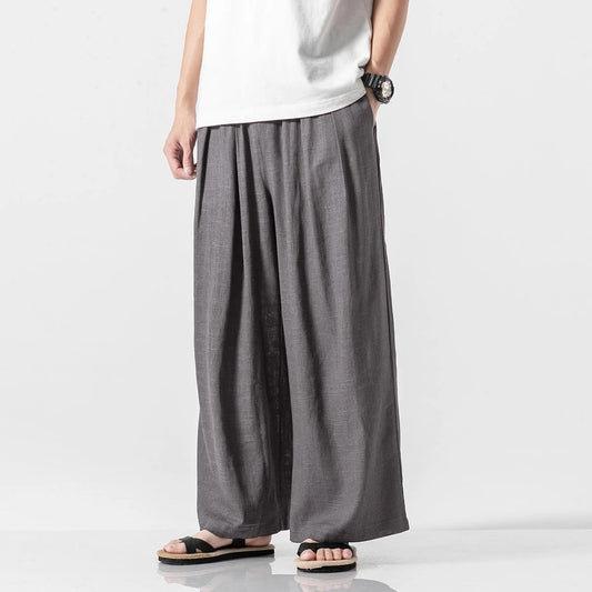 Men's Summer Cotton Linen Casual Chinese Style Loose Harem Straight Lightweight Wide Leg Trousers