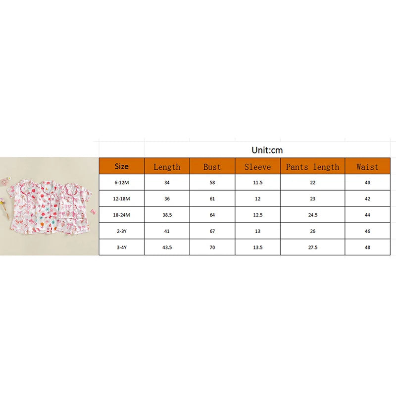 0-4Y Summer  Kids Girls Summer Pyjamas Clothes Sets 2pcs Flower Bow Print Single Breasted Shirts and Shorts