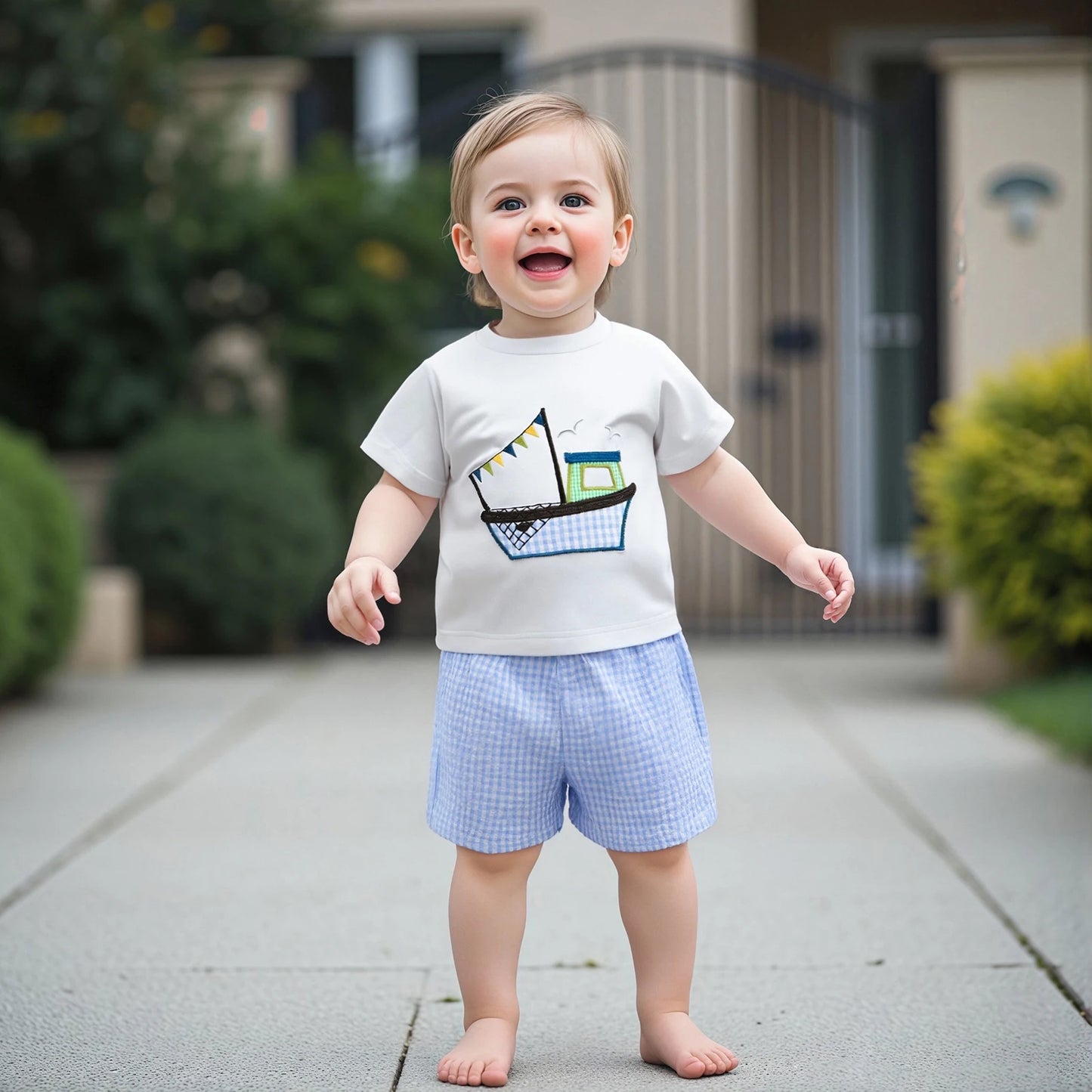 0-3Y  Casual Kids Boys Clothes Sets Boat Embroidery Short Sleeve T-shirt Striped Elastic Waist Shorts