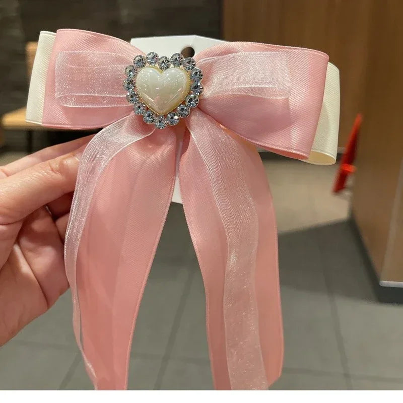 Crystal Pearl Heart Bow Brooch - Elegant Collar Pin Corsage