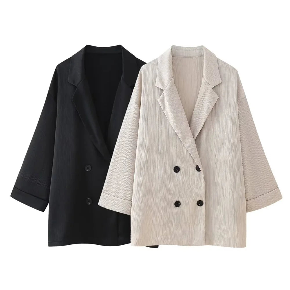 Spring and Summer Women's Clothing Wrinkle Effect Double Breasted Suit Jacket Set