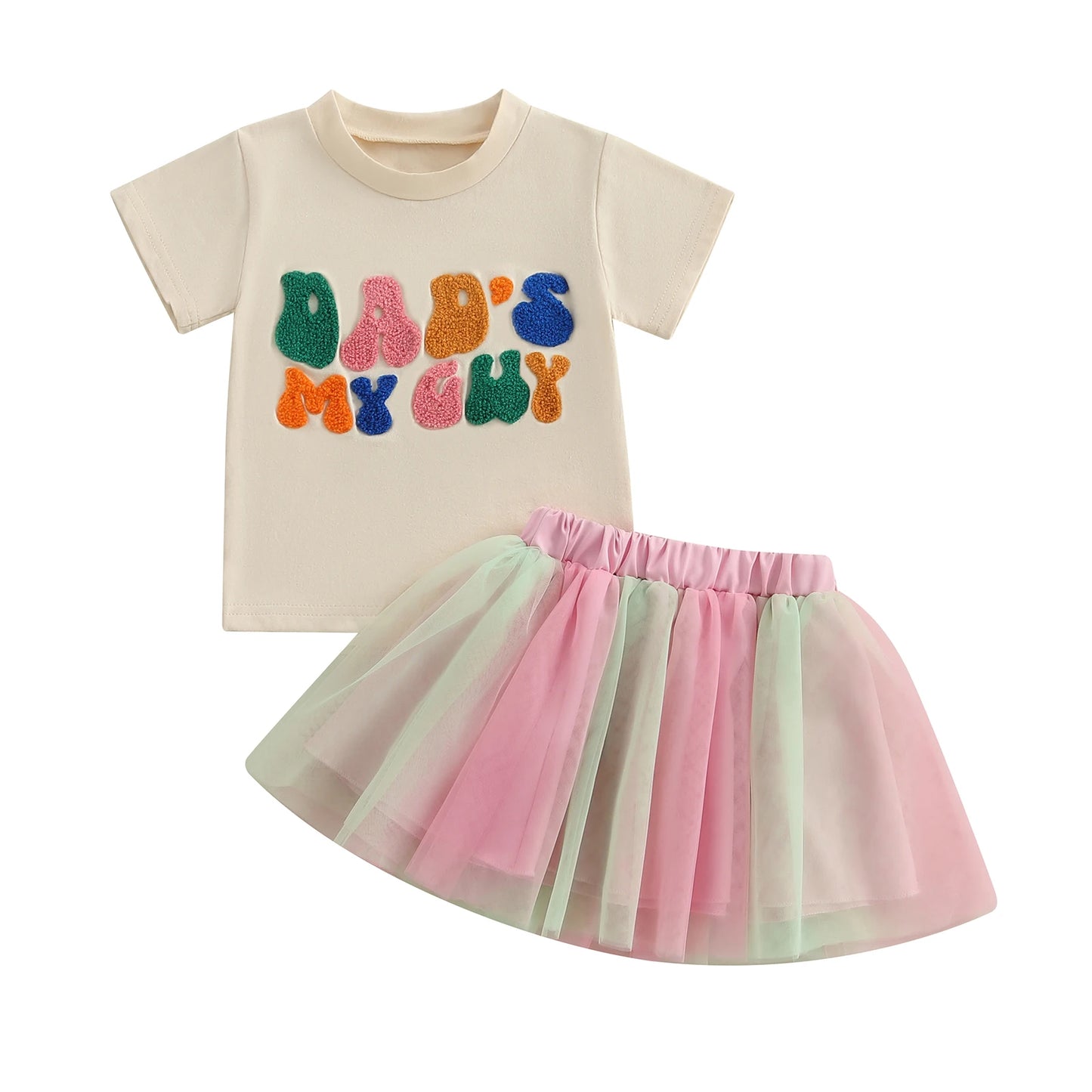 0-5Y Toddler Kids Girls Summer Clothes Sets Letter Embroidery Short Sleeve T-Shirt and Elastic Tulle Skirt