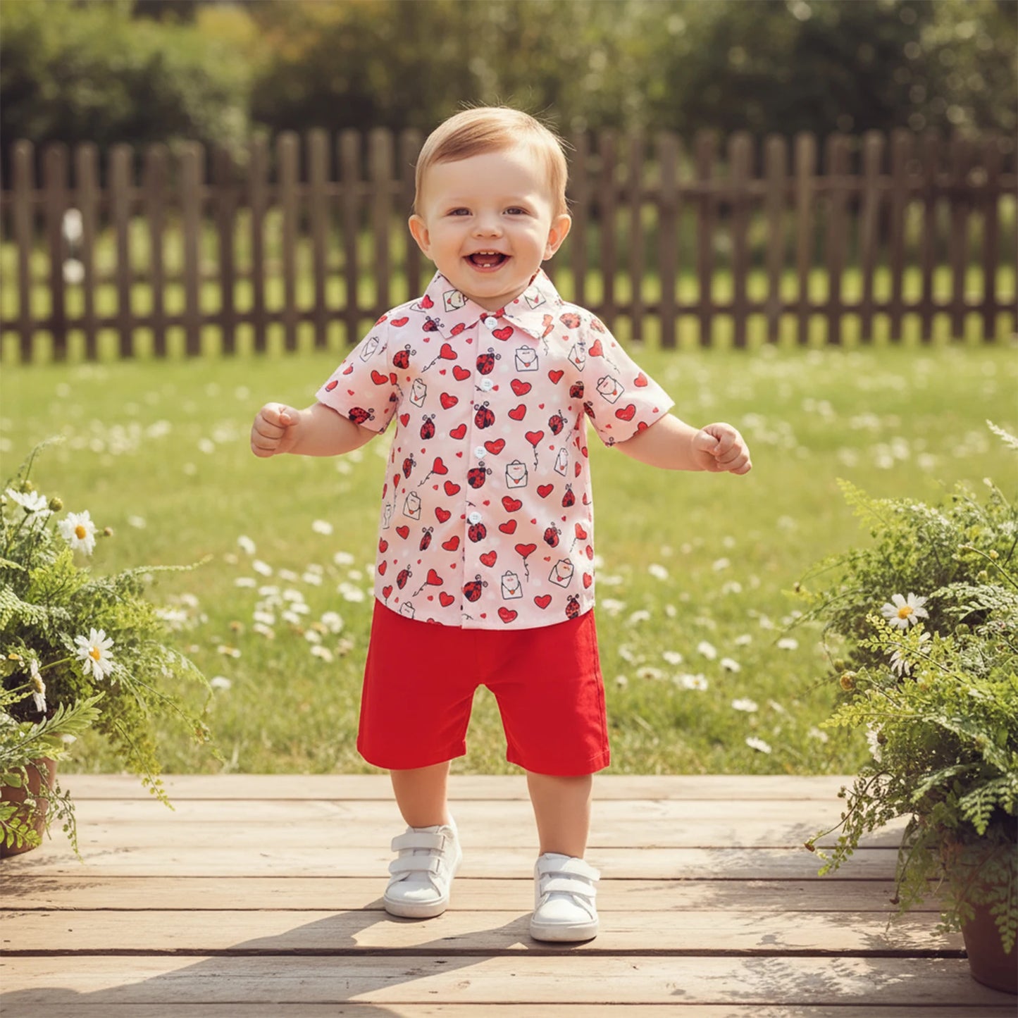 Toddler Boys Valentine's Day Gentleman Outfit Set - Heart Print Shirt & Shorts 1-5Y
