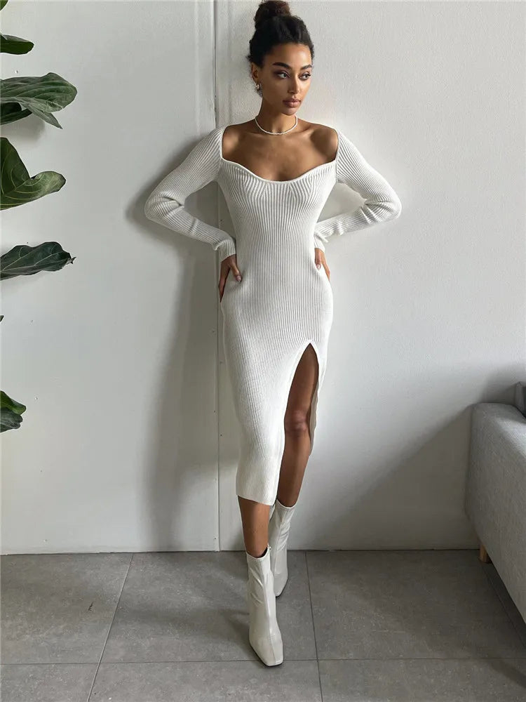 Women's Square Collar Elegant Ribbed Knitting Slit Midi Dress