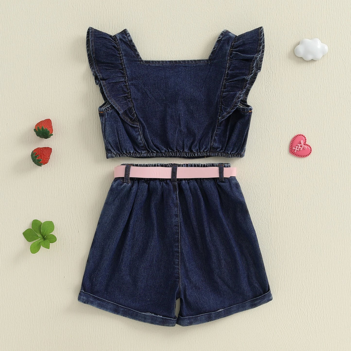 1-6Y Kids Girls Summer Clothes Set Outfits Fly Sleeves Denim Tank Top and Elastic Shorts with Belt