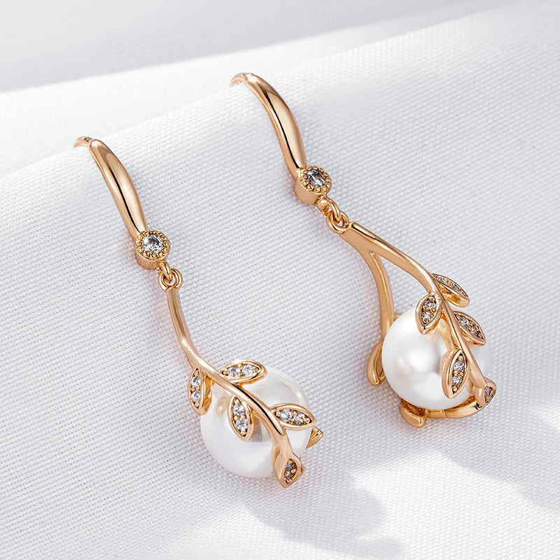 Women's 585 Rose Gold Colour Natural Zircon Pearl Long Drop Earrings