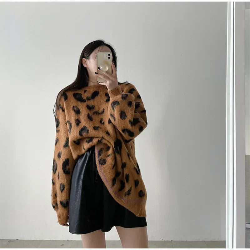 Women's Leopard Print Pullover Loose Oversized Sweater