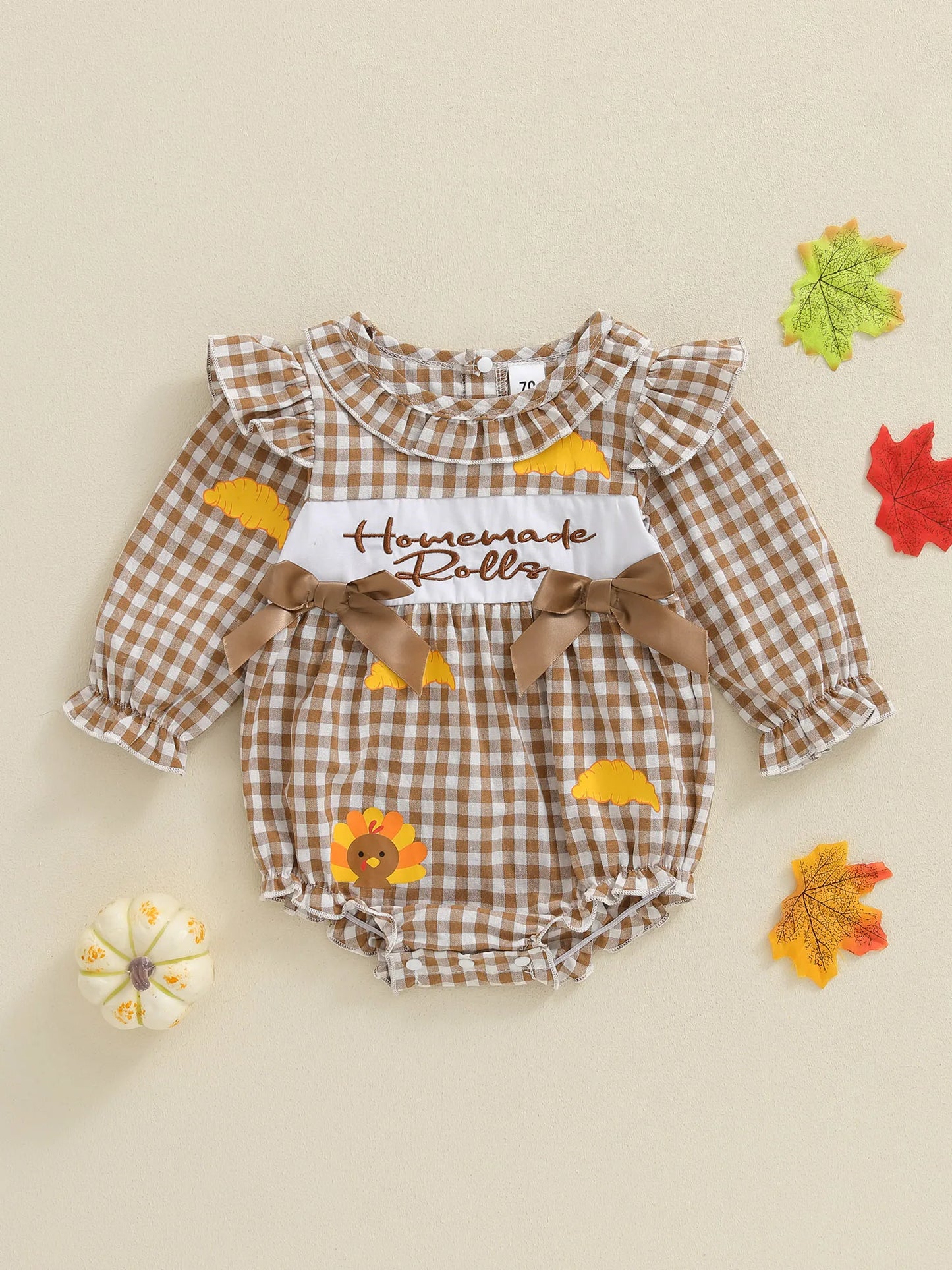 Baby Thanksgiving Romper - Long Sleeve Plaid Print Turkey Embroidery Bubble Jumpsuit