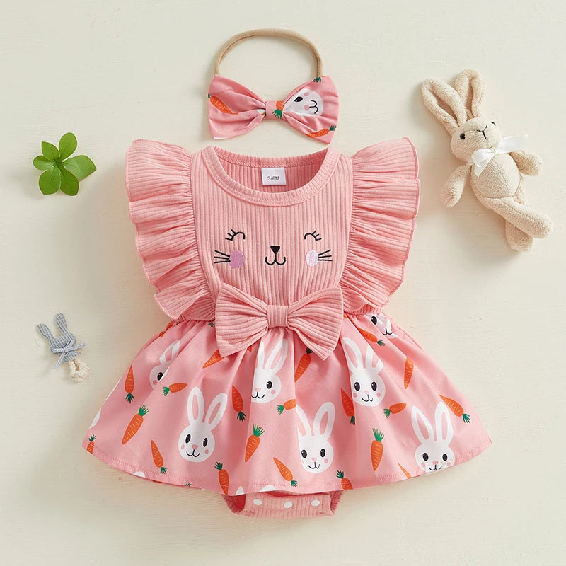 0-18M  Baby Girls Rompers Dress Easter Rabbit Carrot Print Ruffles Fly Sleeve Print Skirt Hem Jumpsuits Headband