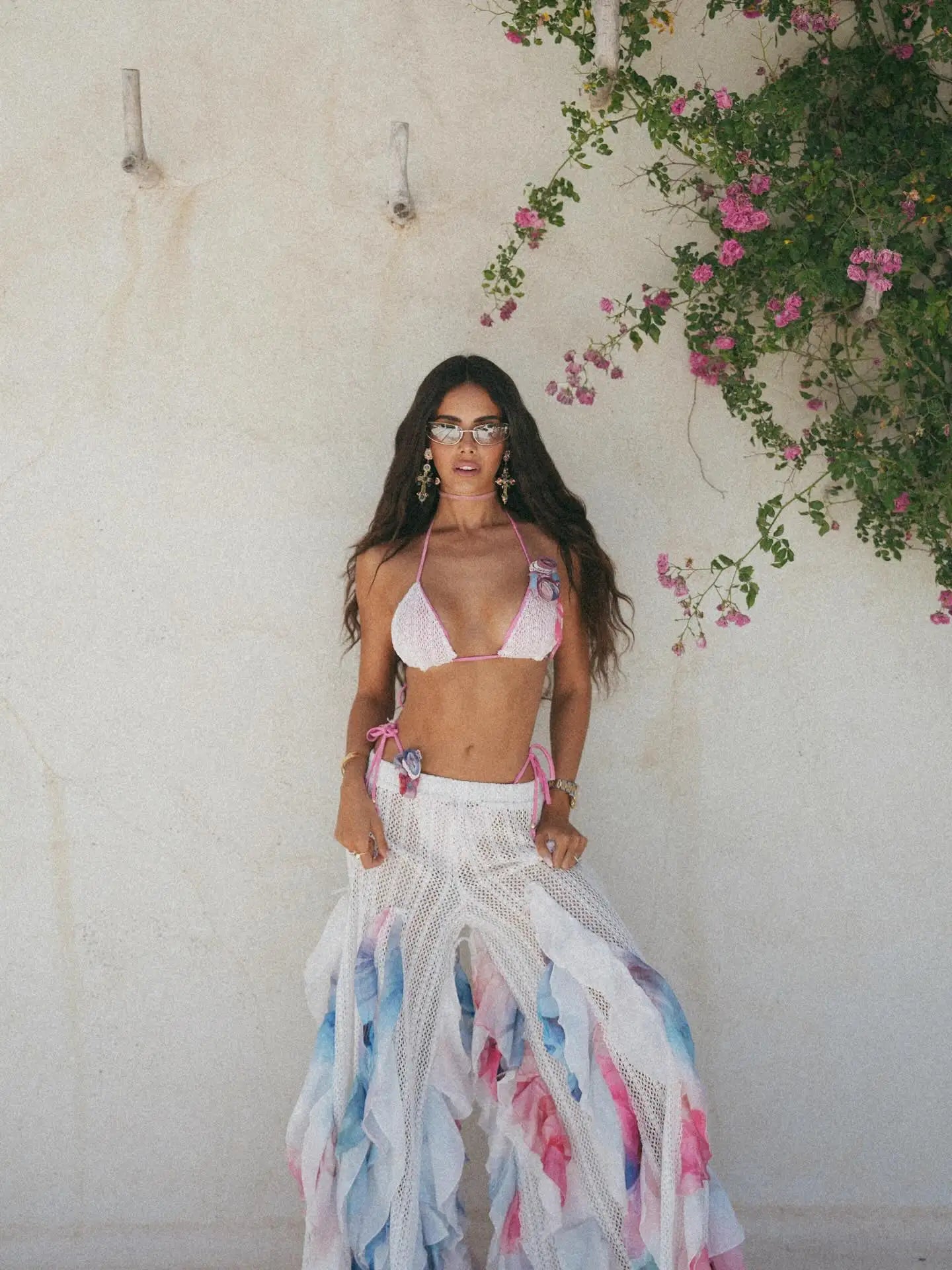 Women's 3 Pcs Knit Bikini With Pants Wide-Leg Ruffle Lace Pants Summer Tube Top with Pants Set