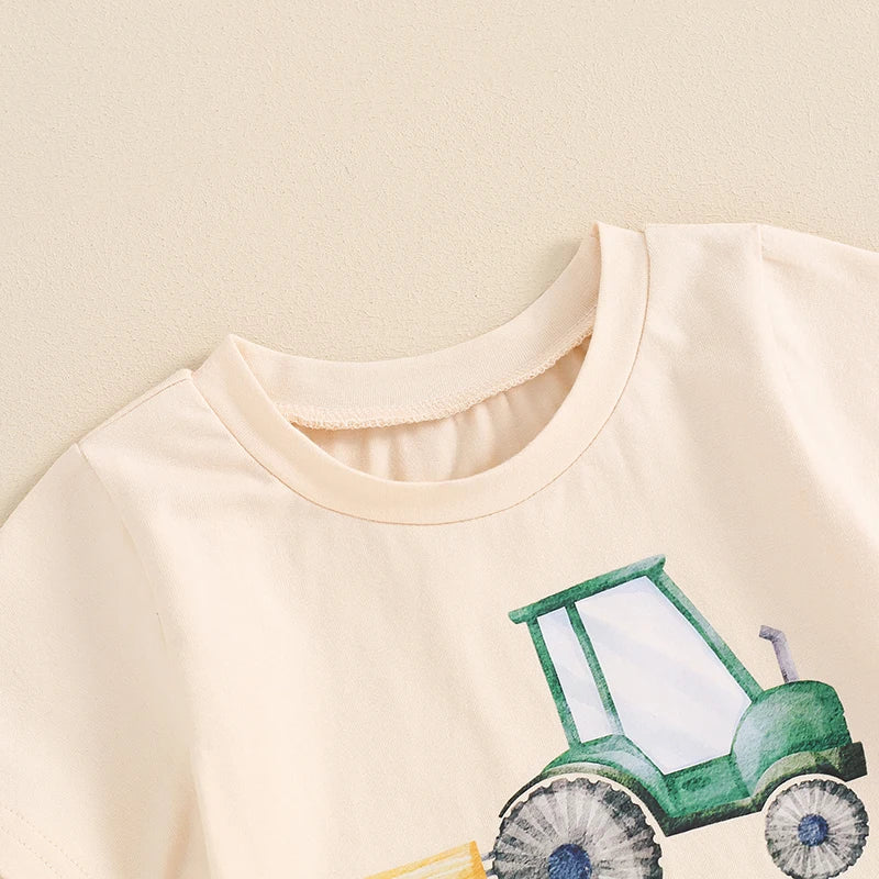 0-5Y Toddler Baby Boys Clothes Set 2pcs Short Sleeve Tractor Letter Print T-shirt with Elastic Waist Shorts Outfit