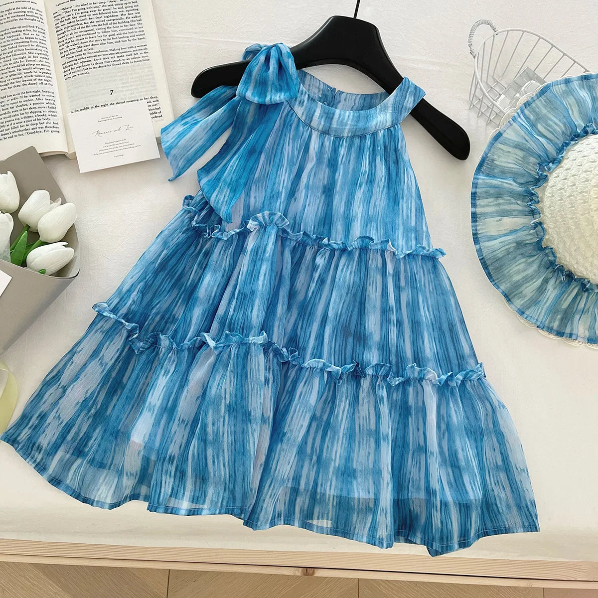 Girl's Summer Casual Round Neck Sleeveless 3D Bow Pleated A-line Dress 4-7 Years Old