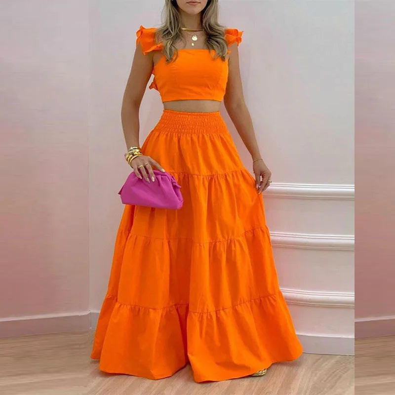 Women's Square Collar Flying Sleeve Ruched Crop Top & A-Line Ankle Skirt Set