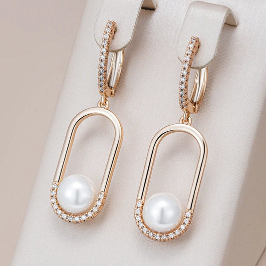 Women's  Unique Geometric Natural Zircon 585 Rose Gold Pearl Long Drop Earrings