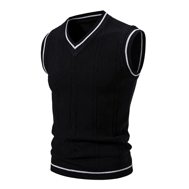 Men's V-Neck Knit Vest - Slim Fit Sleeveless Patchwork Sweater Vest for Autumn Winter