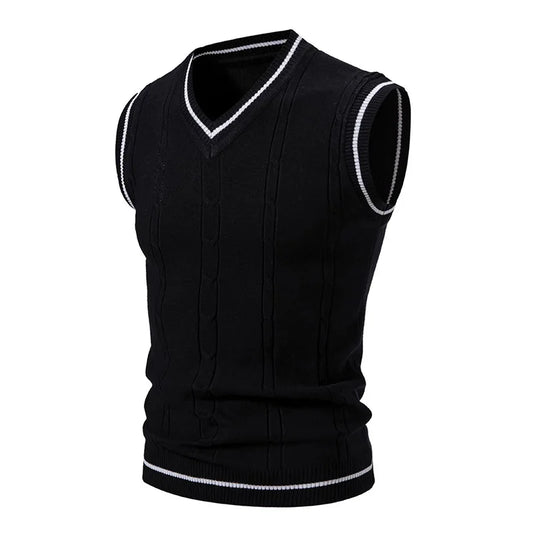 Men's V-Neck Knit Vest - Slim Fit Sleeveless Patchwork Sweater Vest for Autumn Winter