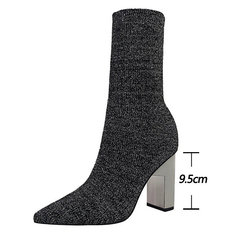 Women's Elastic Sock Boots - Metal Block Heel Ankle Boots Plus Size Available