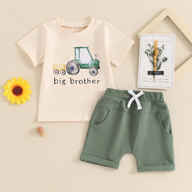 0-5Y Toddler Baby Boys Clothes Set 2pcs Short Sleeve Tractor Letter Print T-shirt with Elastic Waist Shorts Outfit