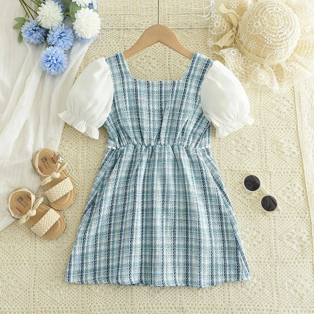 Girl's Bubble Sleeve Plaid Retro Button Lace Dress