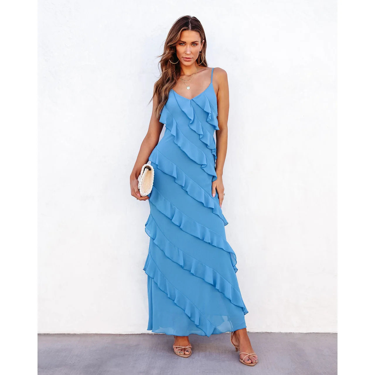 Women's Spaghetti Strap Draped Maxi Dress - Ruffle Sleeveless Backless Sundress