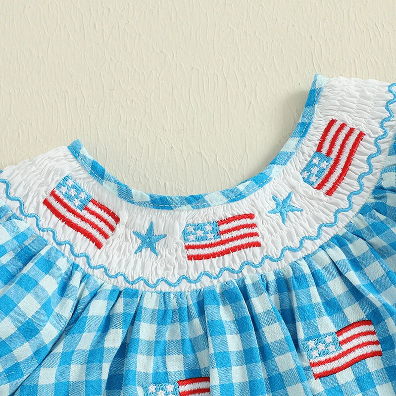 0-4Y  Kids Girl’s  Short Sleeve Embroidery Crew Neck Plaid Flags Print A-Line Dress