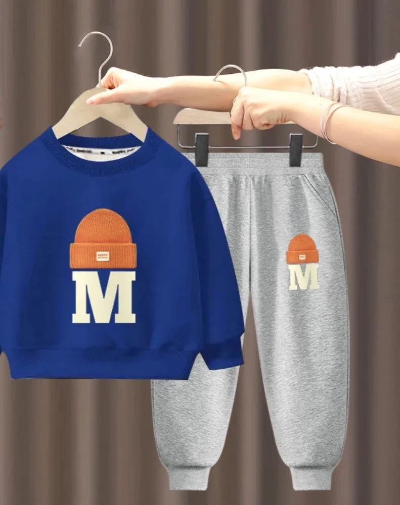 Children's Plush Letter Sweater Long sleeved Pants Two Piece Set