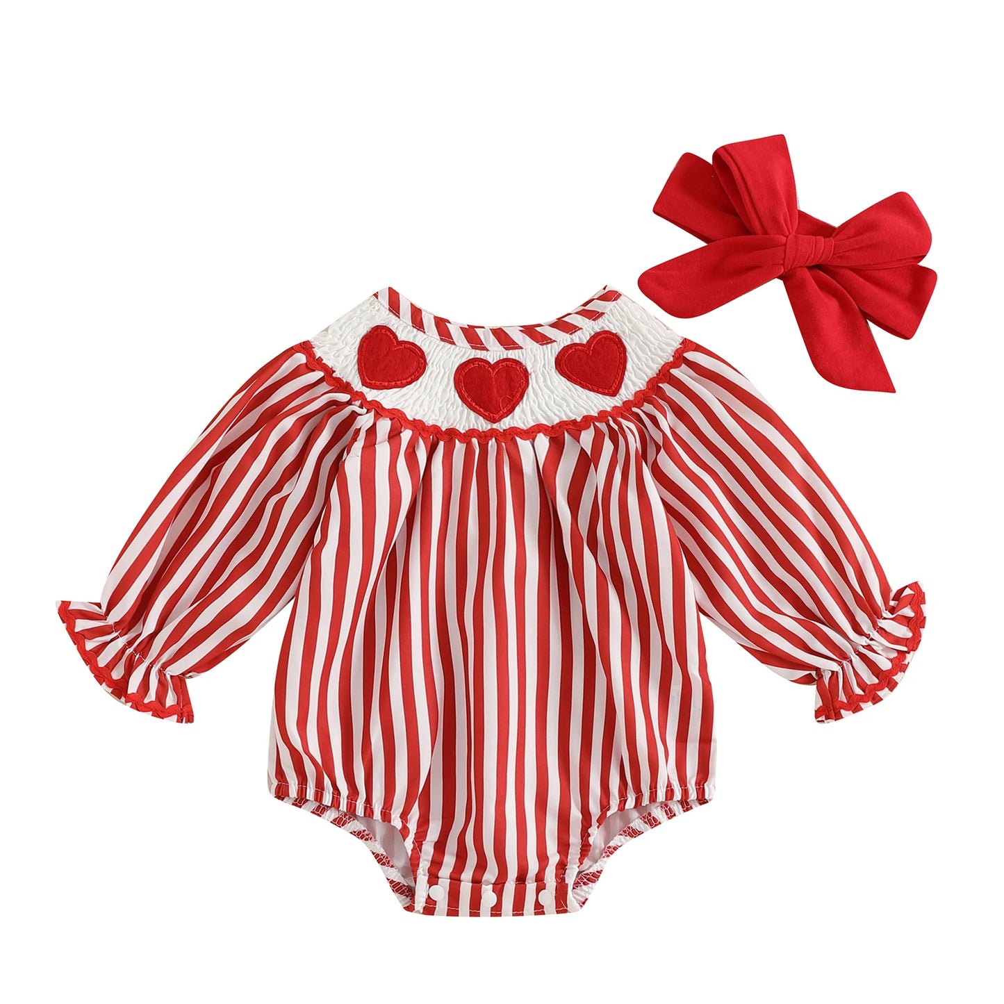 Baby Girls Striped Romper with Heart Embroidery & Hairband Set (0-18M)