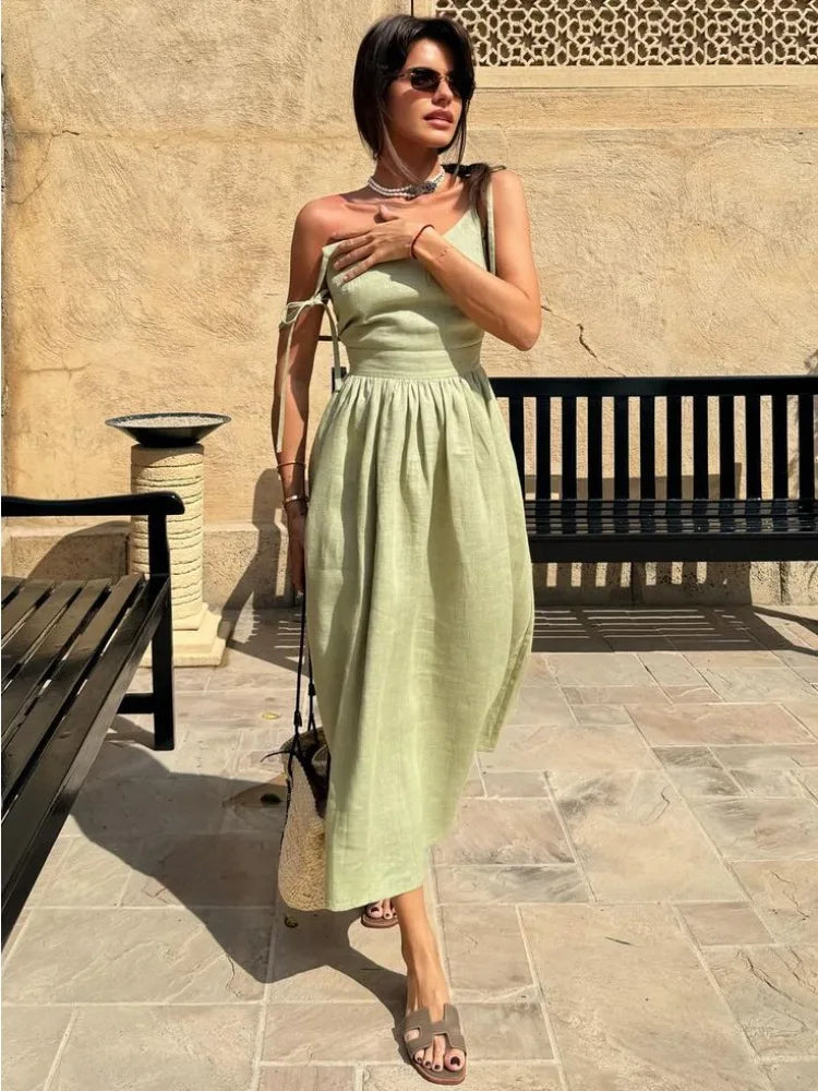 Women's Backless Beach V Neck Splice Folds Long Elegant Bandage Maxi Sundress