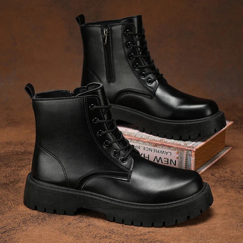 Men's Leather Platform Boots - Thick Sole Motorcycle Sneaker Boots