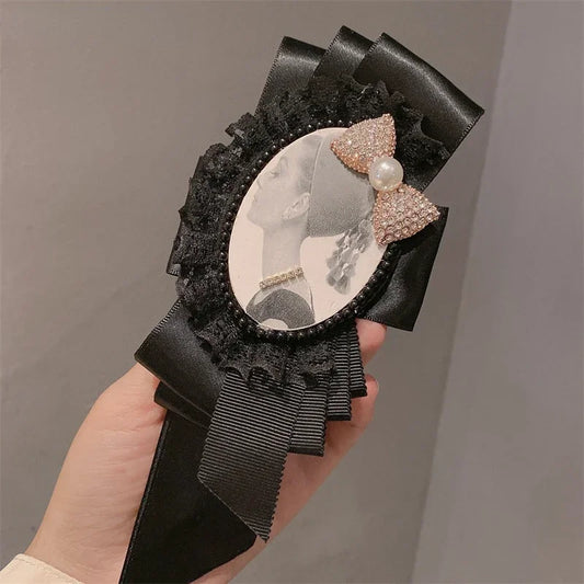 Vintage Rhinestone Pearl Bow Brooch - Black Fabric Lapel Pin Badge