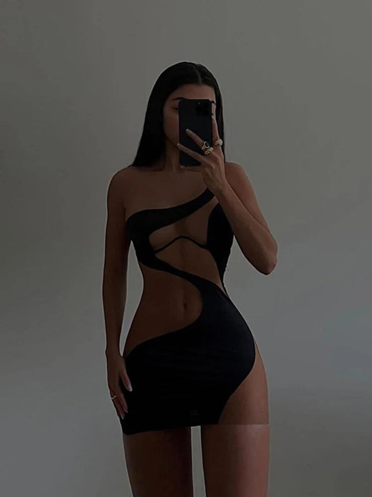 Women's Backless Cut Out Mesh See Through Mini Straps Dress