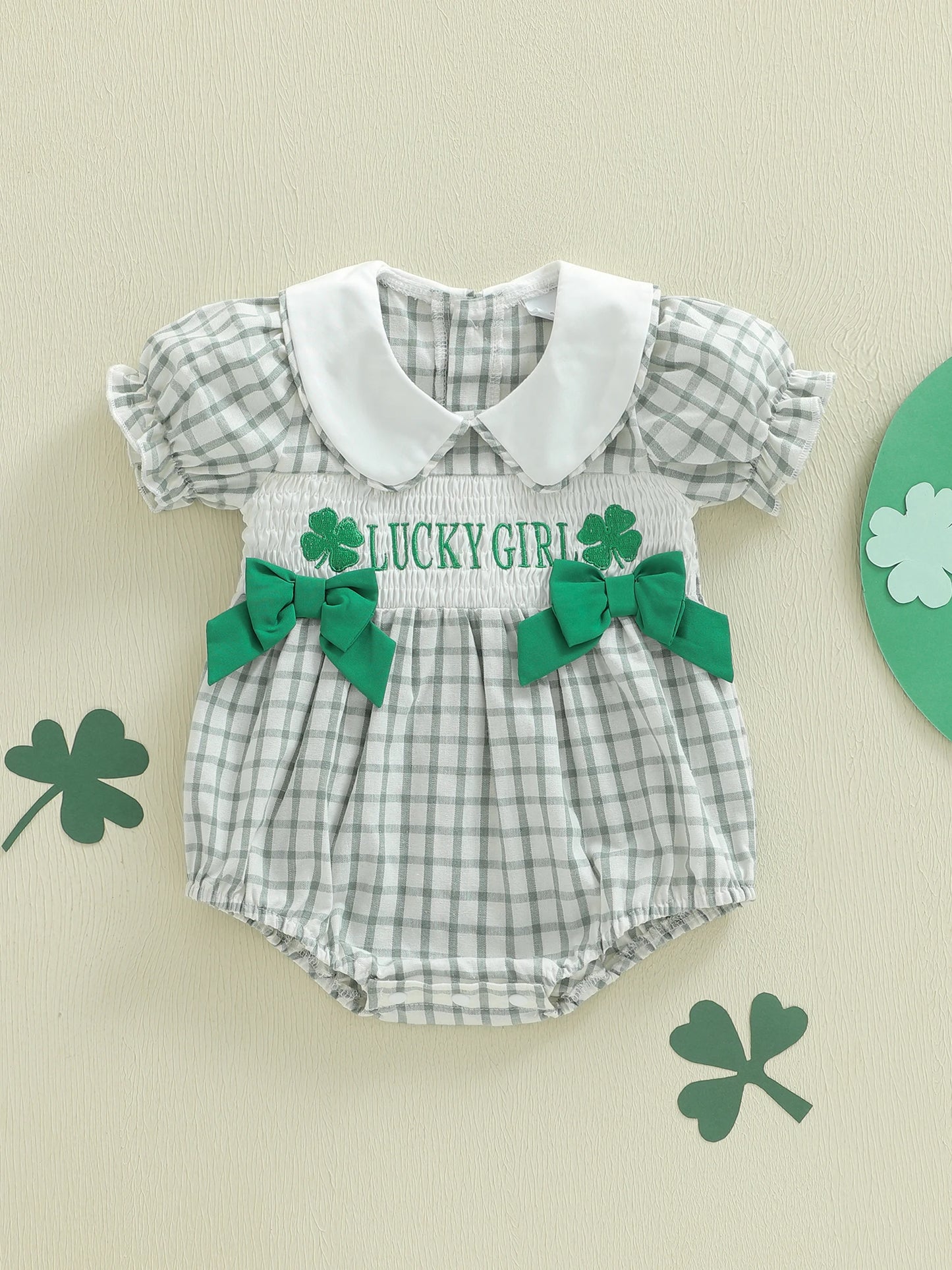 Newborn Baby Girls Boys Irish Plaid Clover Embroidered Short Sleeve Doll Collar Romper