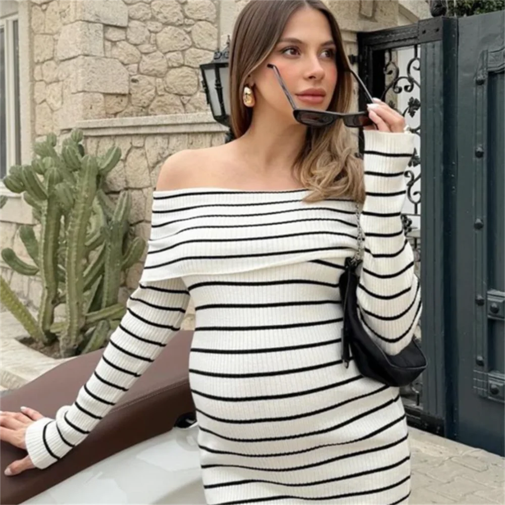 Women's Casual Versatile Slim Fit Off Shoulder Knitted Stripe Dress