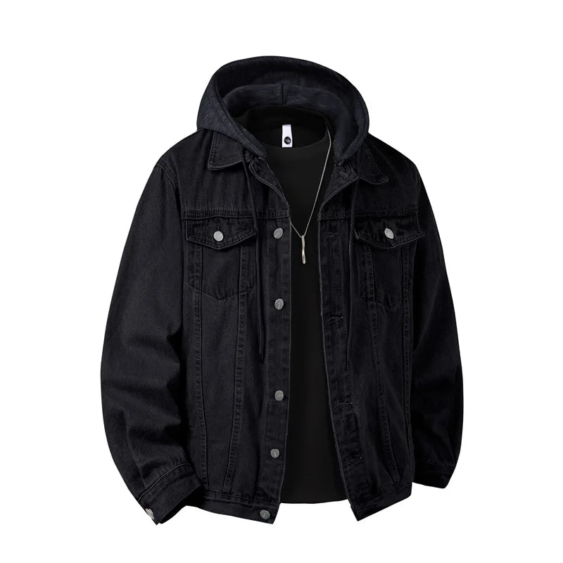 Men's Hooded Denim Jacket - Casual Streetwear Outerwear with Detachable Hood
