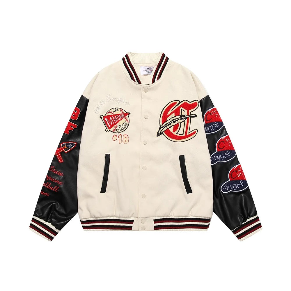 Men's Vintage Flocked Embroidery Patchwork Varsity PU Leather Sleeve Baseball Jacket