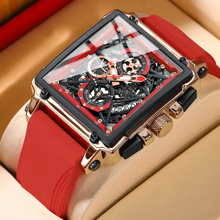 Men's Sports Watch - Large Dial Rectangular Design with Chronograph & Auto Date