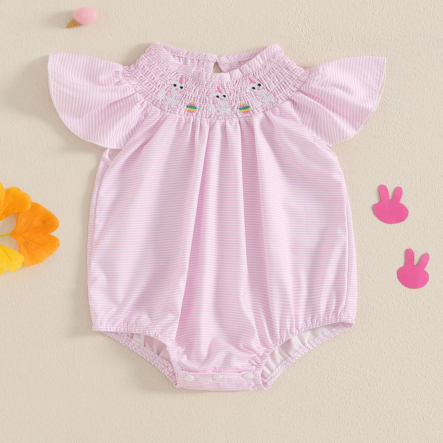 Baby Girls Easter Romper - Rabbit Embroidery Plaid Smocked Jumpsuit