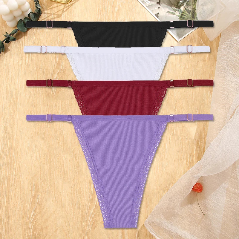 Women's Cotton Thongs 4-Piece Set - Adjustable Waistband Low-Rise Underwear