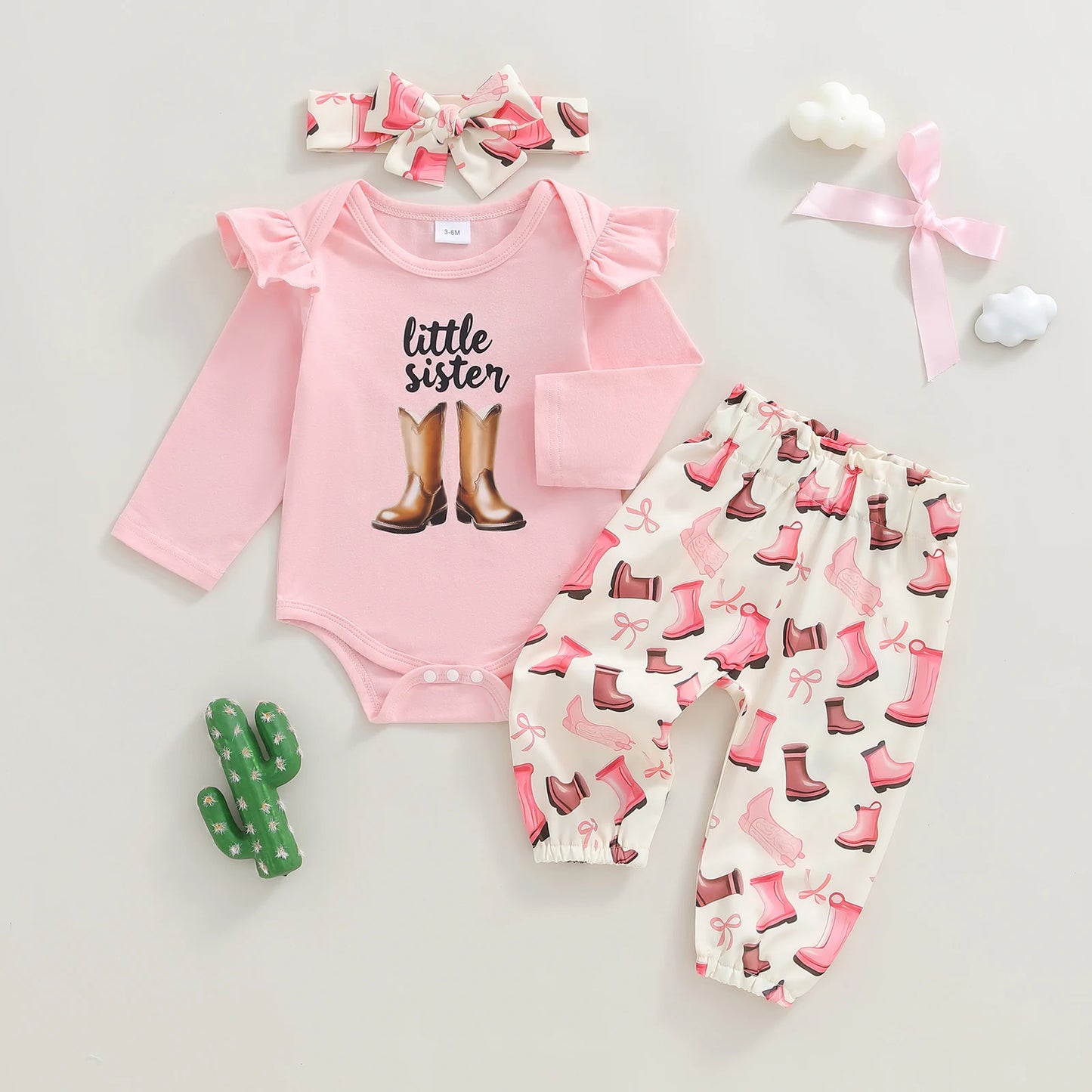 Baby Girls Western Fall Winter Outfit Set - Long Sleeve Romper, Boot Print Pants & Bow Headband (0-18M)
