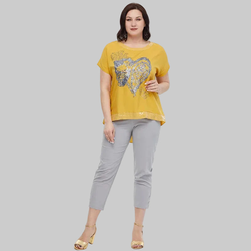 Women's Oversized Short Sleeve Sequin Print Cotton Top
