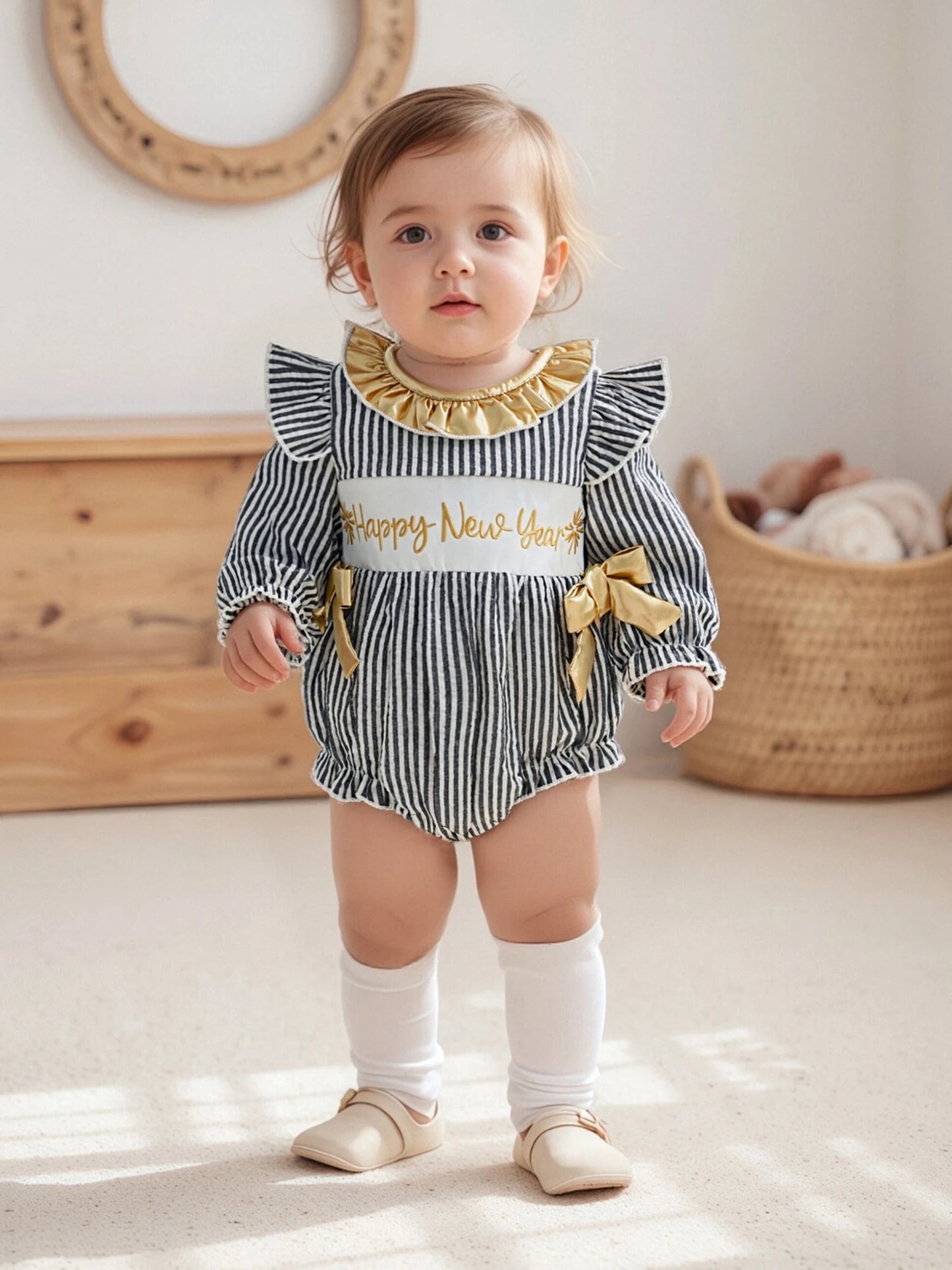 Baby Girls New Year Romper - Stripe Print Letter Embroidery Ruffled Jumpsuit