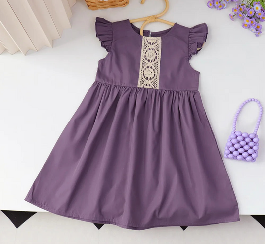 Girls Purple Lace Dress - Flying Sleeve Summer Dress with Patchwork Detail