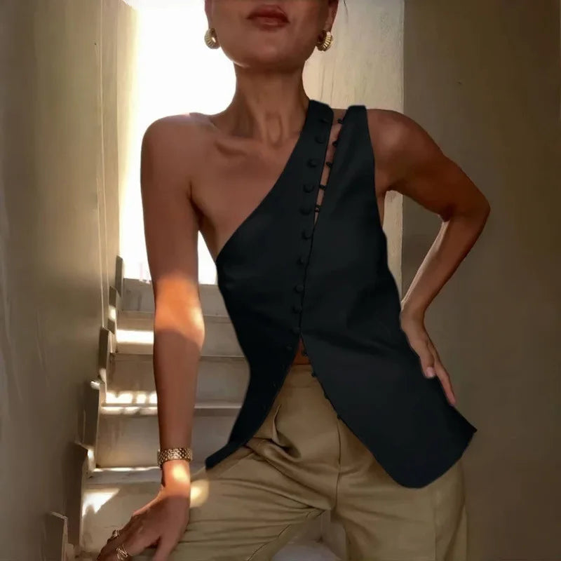 Women's Elegant Asymmetrical Top with Hook and Eye - Cut Out Backless Split Vest