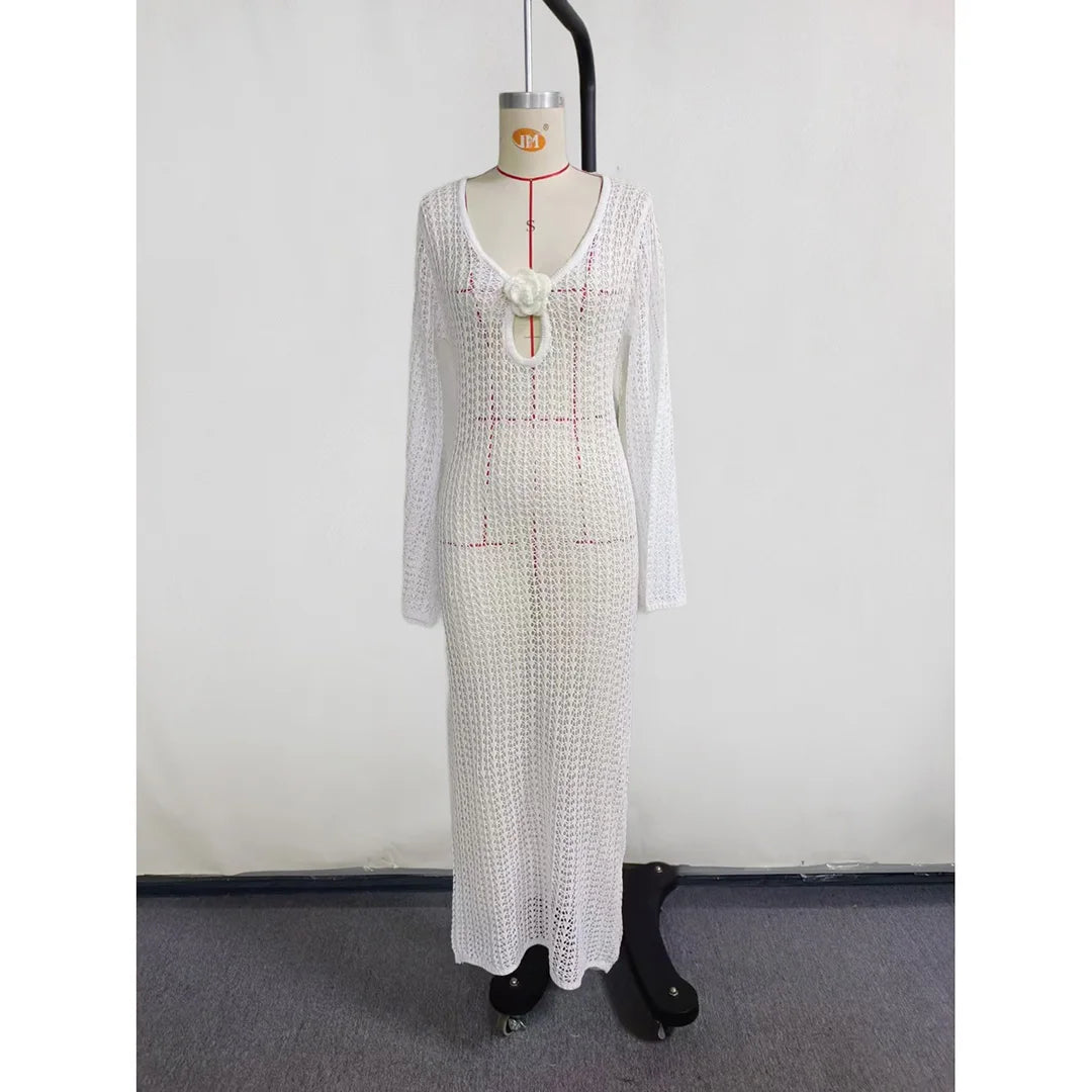 3D Flower V Neck Crochet Knitted Beach Cover Up Tunic