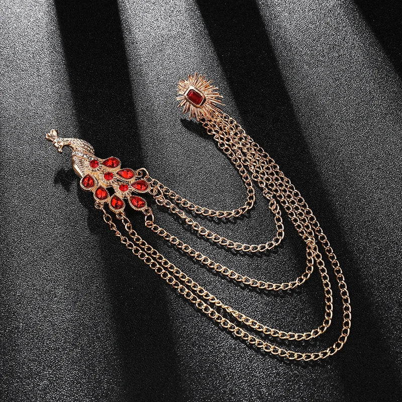 Men's Retro Brooch Pin Badge Peacock Tassel Collar Pins with Chain Shirt Crystal Corsage Jewelry Accessorie