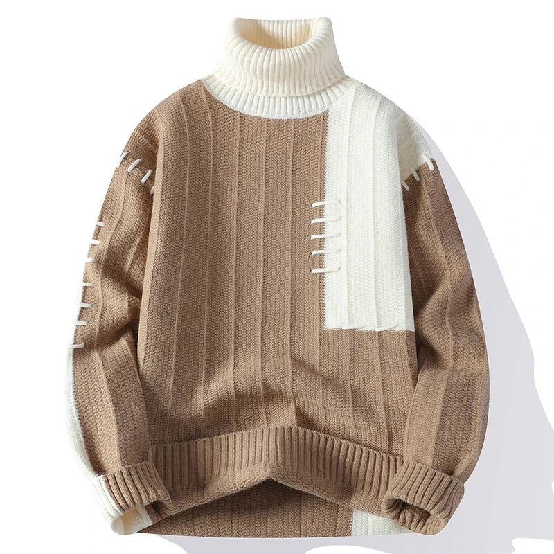 Men's Turtleneck Patchwork Casual Knit Pullover Loose Knitted Sweater