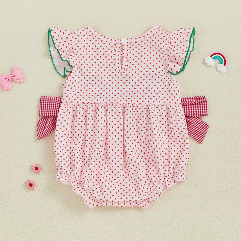 0-18M  Baby Girls Romper for Summer Strawberry Embroidery Dot Print Crew Neck Ruffled Flying Sleeve Babygrow Jumpsuit